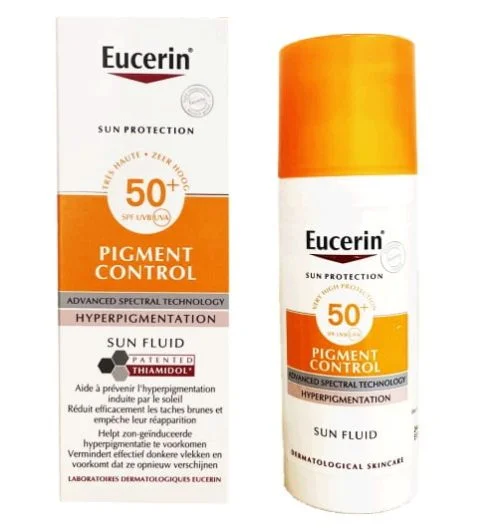 Flacon de crème solaire Eucerin Pigment Control Sun Fluid, offrant une protection solaire pour bébés, enfants et adultes, pour le visage et le corps, disponible en Tunisie.