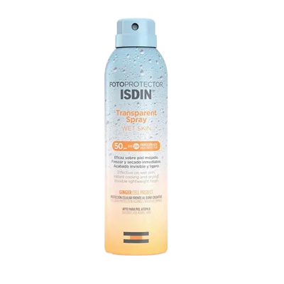 Flacon de Isdin-Fotoprotector Spray Transparent, crème solaire pour enfants, bébés et adultes, offrant une protection efficace pour le visage et le corps.