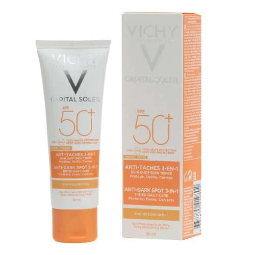 Crème solaire Vichy Capital Soleil Anti-Taches 3 en 1 Teinté, adaptée à tous les âges, pour une protection solaire efficace et une peau éclatante.