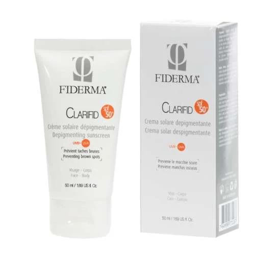 Crème solaire Fiderma Clarifid pour enfants, bébés et adultes, offrant une protection visage et corps avec des propriétés dépigmentantes.