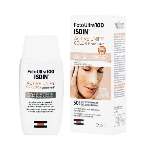 Image de la crème solaire Isdin Foto Ultra 100 Active Unify Color SPF 100+, idéale pour la protection solaire des enfants, bébés et adultes. Convient pour le visage et le corps, offrant une protection maximale et unifiant le teint. Disponible en Tunisie au meilleur prix.