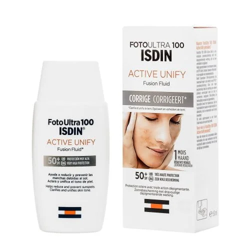 Tube de crème solaire Isdin Foto Ultra 100 Active Unify Invisible, offrant une protection solaire maximale pour le visage et le corps, adaptée aux enfants, bébés et adultes.