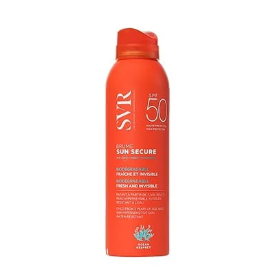 Brume solaire SVR-Sun Secure SPF 50+ pour enfants, bébés et adultes, offrant une protection efficace pour le visage et le corps.