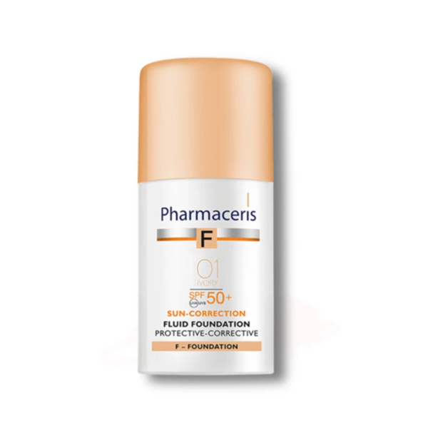 Flacon de Pharmaceris F Fond De Teint SPF 50+ en teinte 01 Sand de 30mL, offrant une protection solaire haute performance adaptée pour les enfants, bébés et adultes.