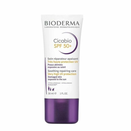 Crème solaire Bioderma Cicabio SPF 50+ pour bébés, enfants et adultes, offrant une protection solaire maximale et une réparation des peaux fragilisées.