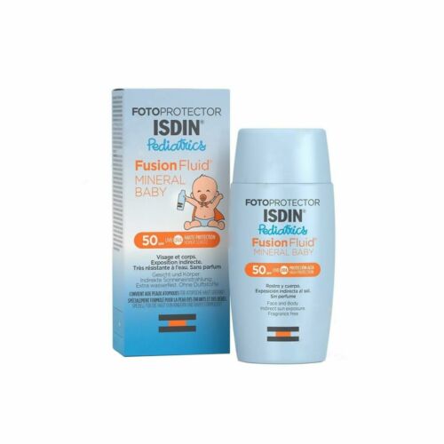 Tube de crème solaire Isdin Fotoprotector Pediatrics, conçu pour la protection solaire du visage et du corps des enfants, bébés et adultes, affiché sur un fond clair.