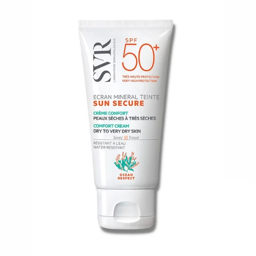 Tube de crème solaire SVR Sun Secure Écran Minéral Teinté SPF 50+ de 60g, conçu pour les peaux sèches, offrant une protection solaire pour bébés, enfants et adultes.