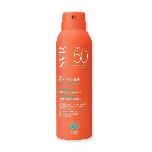 Spray solaire SVR Sun Secure Écran Brume SPF 50+ de 200ml, offrant une protection solaire haute performance pour le visage et le corps, adapté pour bébés, enfants et adultes.