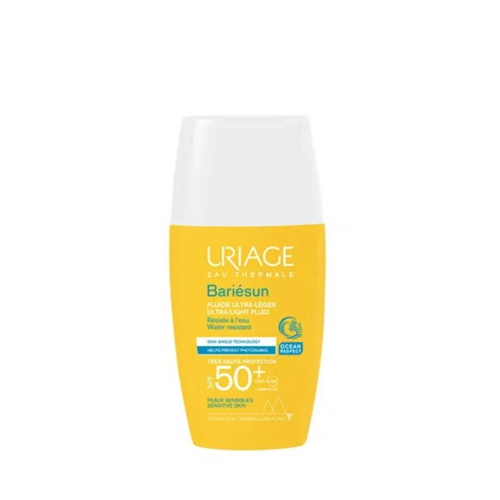 Tube de 30ml de fluide solaire Uriage Bariesun Ultra Léger SPF50+, adapté pour enfants, bébés et adultes, offrant une protection solaire haute pour le visage et le corps.