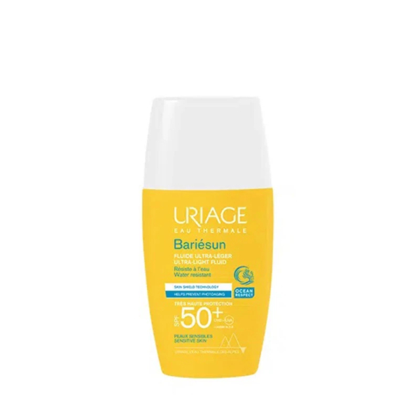 Uriage Bariesun Fluide Ultra Léger SPF50+ 30ml - Protection Solaire Visage et Corps Tube de 30ml de fluide solaire Uriage Bariesun Ultra Léger SPF50+, adapté pour enfants, bébés et adultes, offrant une protection solaire haute pour le visage et le corps.