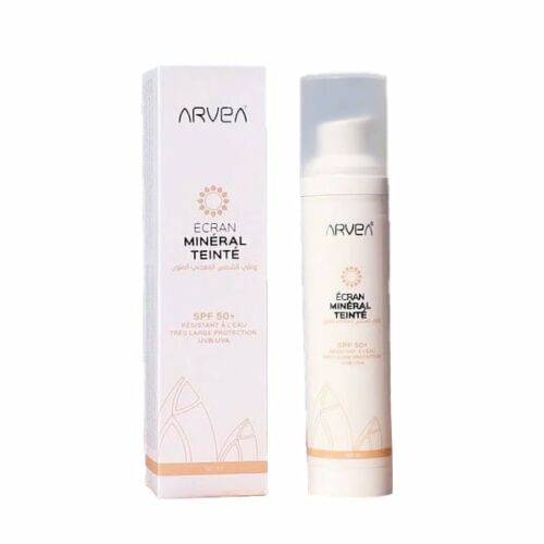 Tube de crème solaire Arvea Écran Minéral Teinté pour visage et corps, adapté aux enfants, bébés et adultes, offrant une protection solaire optimale en Tunisie.