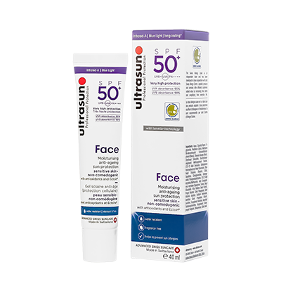 Tube de gel solaire ULTRASUN Face Extra SPF 50+ pour protection solaire optimale visage et corps, adapté pour enfants, bébés et adultes.