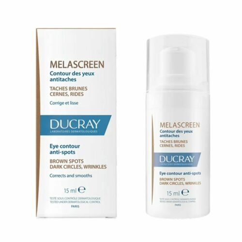 Tube de DUCRAY Melascreen Contour des Yeux 15 ml avec fond illustrant une protection solaire efficace pour enfants, bébés et adultes.